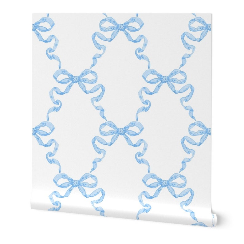 Ribbon Wallpaper Ribbon Trellis Cerulean on White by Danika | Etsy