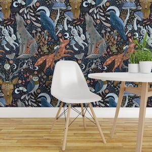 Papel de Parede Adesivo Woodland Fairy - Cogumelo em Arte Popular de Conto de Fadas da Floresta Noturna - Decoração de Parede Removível - Estilo Fantástico por gaiamarfurt