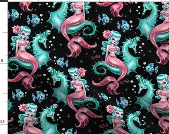 Vintage Mermaid Fabric - Mysterious Mermaid On Black- Medium By Miss Fluff Pinup Retro Tattoo - Cotton Fabric By The Yard With Spoonflower