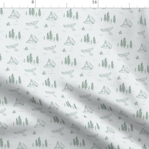 Toile Fabric - Lake Life Green by rose_lindo - Camping Tent Canoe Forest Trees Campfire Rustic Outdoors Fabric by the Yard by Spoonflower