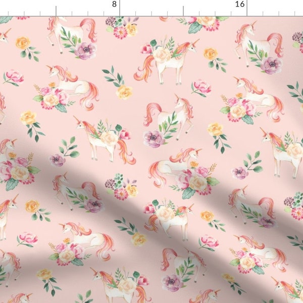 Unicorn Fabric - Small Botanical Unicorns Dusty Rose Watercolor Nursery By Biancapozzi - Unicorn Cotton Fabric By The Yard With Spoonflower