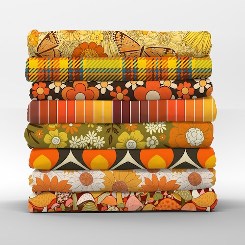 1970s Cotton Fat Quarters - Retro Brown Orange Green Floral Geo Collection Petal Quilting Cotton Mix & Match Fat Quarters by Spoonflower