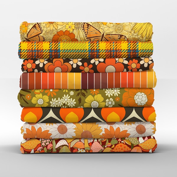 1970s Cotton Fat Quarters - Retro Brown Orange Green Floral Geo Collection Petal Quilting Cotton Mix & Match Fat Quarters by Spoonflower