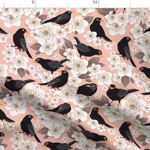 Blossoms Fabric - Waiting For The Cherries By Selmacardoso - Blossoms Pink Flowers Blackbirds Cotton Fabric By The Yard With Spoonflower