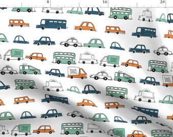 May include: A white background with a repeating pattern of various vehicles drawn in a simple, cartoon style. The vehicles include cars, trucks, buses, and a fire truck. The vehicles are drawn in shades of blue, green, orange, and white.