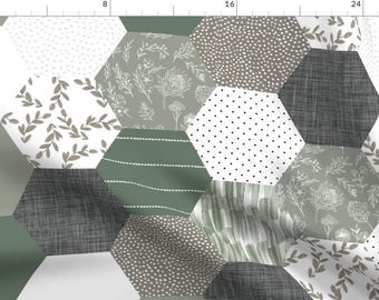 Green Patchwork Fabric - Hexagon Wholecloth by ivieclothco - Nature Sage Green Gray Hexagon Charcoal Fabric by the Yard by Spoonflower