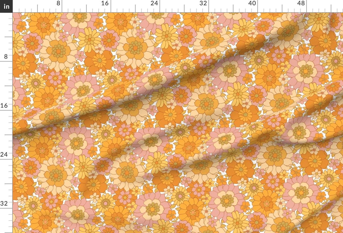 1970s Floral Extra Wide Sateen Fabric- Avery Retro Floral On White by red_raspberry_design - Orange 1960s Fabric By The Yard by Spoonflower