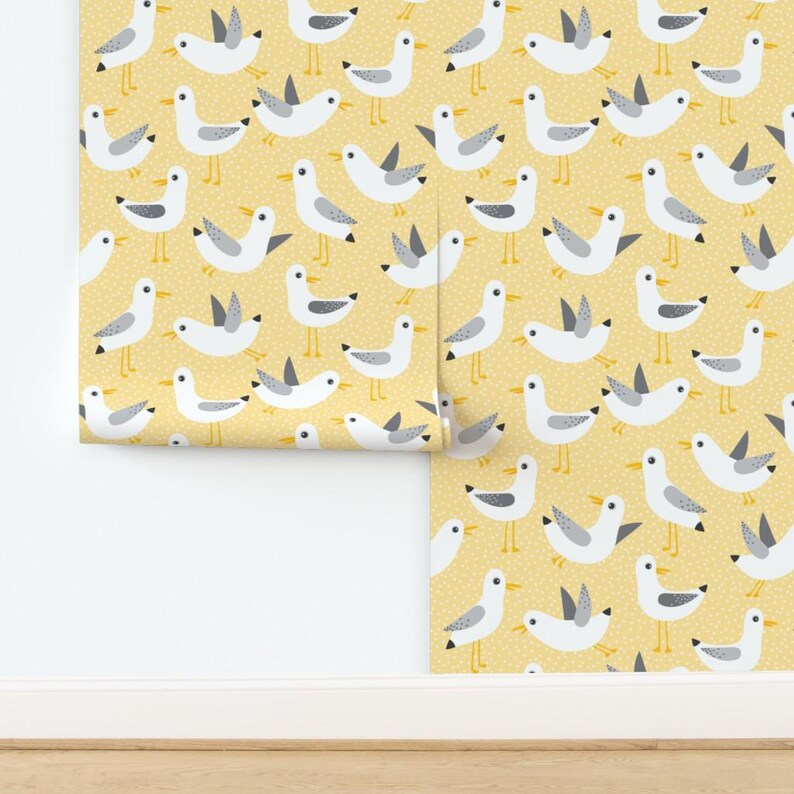 Birds Wallpaper - Seagulls On Yellow By Heleenvanbuul - Birds Yellow Custom Printed Removable Self Adhesive Wallpaper Roll by Spoonflower image 4