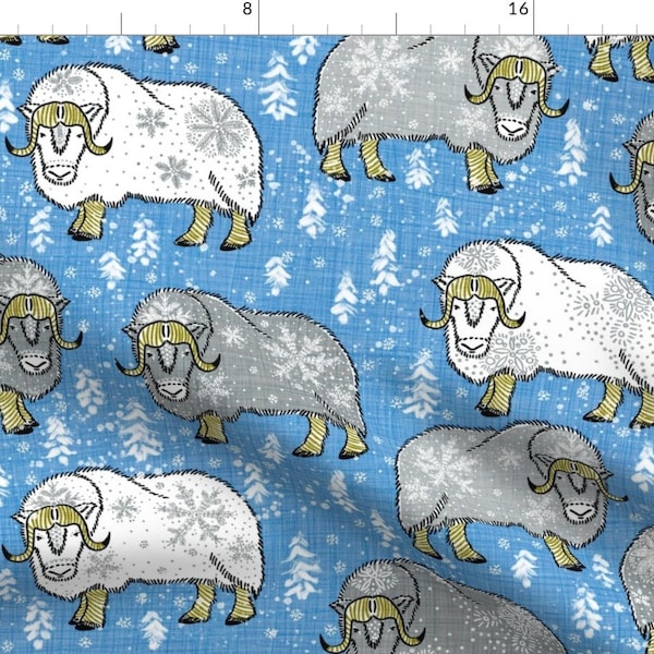 Winter Sheep Fabric - Wintery Grey-White Musk-Oxen On Pantone Boy-Blue By Helenpdesigns - Winter Cotton Fabric By The Yard With Spoonflower