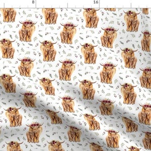 Highland Cow Floral Fabric - Highland Cows With Leaves And Maroon Floral - 3&quot; By Karolina Papiez - Highland Cow Fabric With Spoonflower