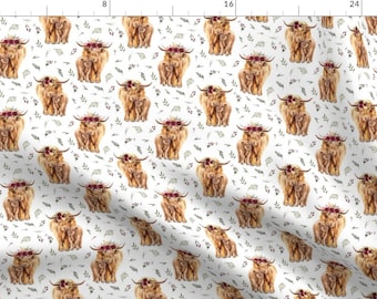 Highland Cow Floral Fabric - Highland Cows With Leaves And Maroon Floral - 3" By Karolina Papiez - Highland Cow Fabric With Spoonflower