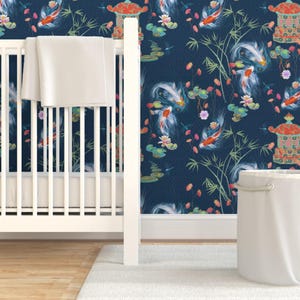 Japanese Wallpaper - Japanese Water Garden Navy By Designed By Debby - Custom Printed Removable Self Adhesive Wallpaper Roll by Spoonflower image 6