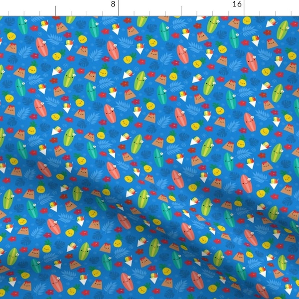 Kawaii Summer Fabric - Happy Island Friends Blue By Clayvision - Hawaiian Surf Volcano Shaved Ice Cotton Fabric By The Yard With Spoonflower