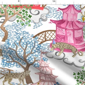 Chinoiserie Fabric - Party Leopards In Pagoda Forest by danika_herrick - Pagoda Leopards Bright Whimsical Fabric by the Yard by Spoonflower