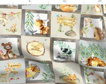 Woodland Adventure Patchwork Quilt - Moose Fox Deer Bear By Gingerlous -Hedgehog Squirrel Raccoon Cotton Fabric by the Yard with Spoonflower