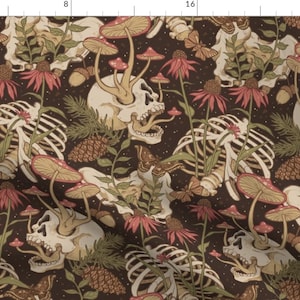 Gothic Woodland Fabric - Forest Funeral by spookishdelight - Botanical Skeleton Dark Floral Spooky Bones Fabric by the Yard by Spoonflower