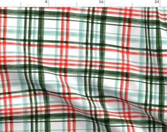 Plaid Fabric - Christmas Watercolor Plaid By Littlearrowdesign - Green Red Traditional White Blue Cotton Fabric By The Yard With Spoonflower