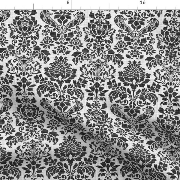 Floral Damask Fabric - Balmoral Damask White On Black By Peacoquettedesigns - Victorian Decor Cotton Fabric By The Yard With Spoonflower