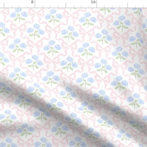 Preppy Bow Floral Apparel Fabric - Blue Hydrangea Bouquet by prettyfestive - Delicate Pastel Flowers Feminine Clothing Fabric by Spoonflower