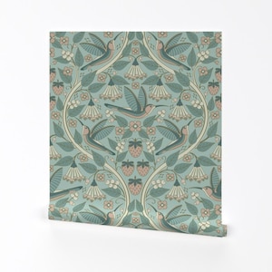 Vogel-Tapete - Kolibri + Geißblatt // Jumbo By Nanshizzle - Individuell bedruckte, entfernbare, selbstklebende Tapetenrolle von Spoonflower