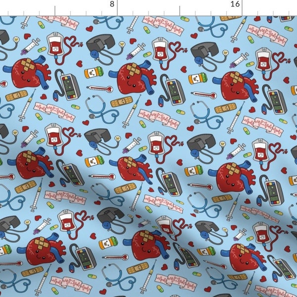 Medical Fabric - Kawaii Medical Stuff On Light Blue By Beckadoodles - Medical Heart Blood Kawaii Cotton Fabric By The Yard With Spoonflower