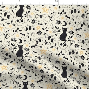 Halloween Fabric - Halloween Stitch By Jacquelinehurd - Halloween Black Cat Crescent Moon Monster Cotton Fabric By The Yard With Spoonflower