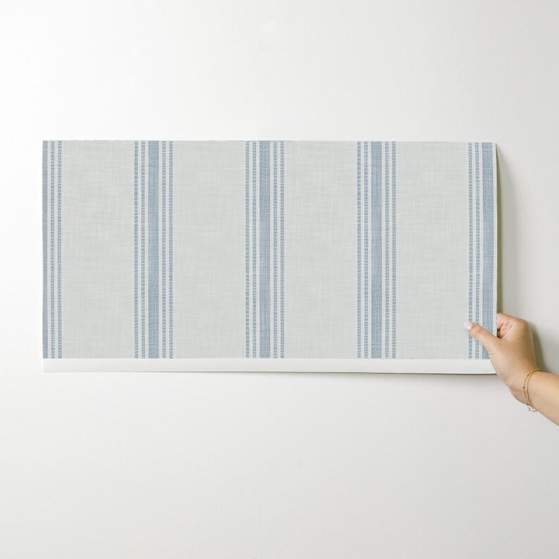 Blue Ticking Stripe Peel and Stick Wallpaper - French Farmhouse Country Rustic - Removable Wall Decor Art - French Provincial by kittenlane image 9