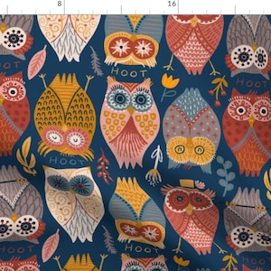 Owls Fabric - I Give A Hoot By Fineapple Pair - Owls Rustic Floral Rust Red Navy Blue Bird Night Cotton Fabric By The Yard With Spoonflower