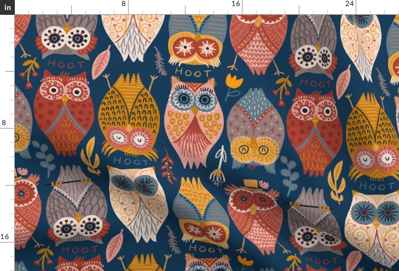 Owls Fabric - I Give A Hoot By Fineapple Pair - Owls Rustic Floral Rust Red Navy Blue Bird Night Cot