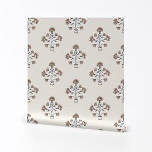 « Papier peint amovible floral moderne - tige traditionnelle - décoration murale art mural - brun rouille et bleu Annie » par danika_herrick