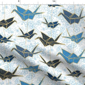 Birds Fabric - Blue Japanese Origami Crane And Cherry Blossom By Marketa Stengl - Blue Nature Cotton Fabric By The Yard With Spoonflower