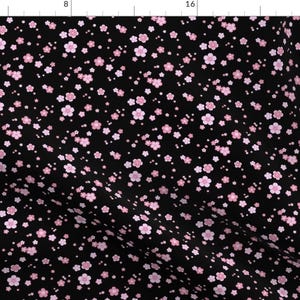 Tiny Floral Fabric - Cherry Blossom Flurry By Lemon Chiffon - Cherry Ditsy Tossed Black Pink Cotton Fabric By The Yard With Spoonflower