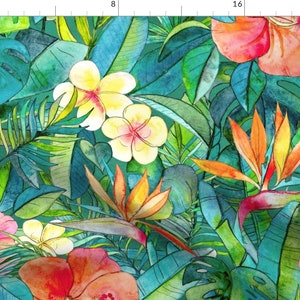 Plumeria On Green Fabric - Classic Tropical Garden by micklyn - Floral Orange Hibiscus Tropical Watercolor Fabric by the Yard by Spoonflower