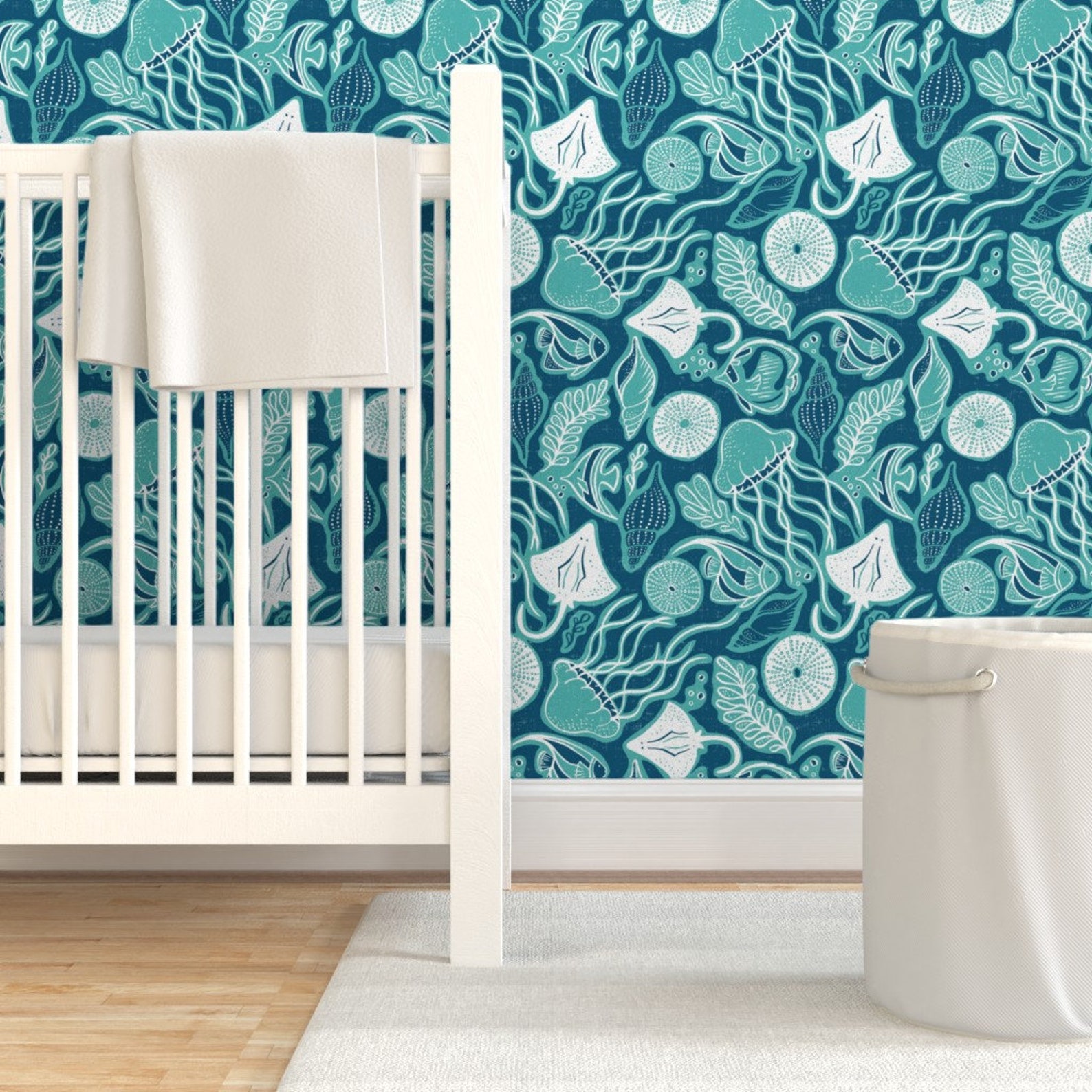 Nautical Wallpaper Sea Life Navy Blue Aqua by Heatherdutton | Etsy