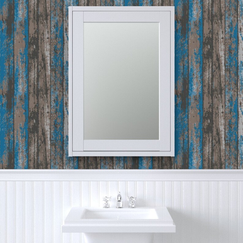 Blue Gray Faux Wood Wallpaper Aged Rustic Wooden Planks by Etsy