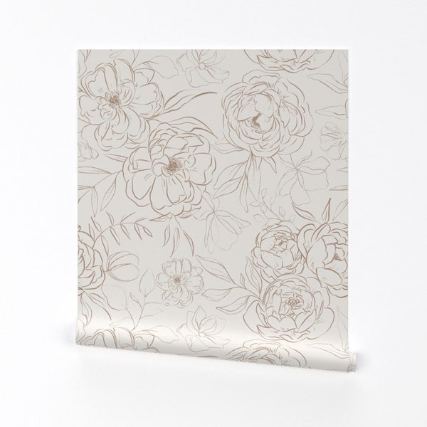 Neutraal Peony Wallpaper - Geschetste Peony In Latte door hipkiddesigns - Bronze Cream Peonies Verwijderbare Peel en Stick Wallpaper door Spoonflower