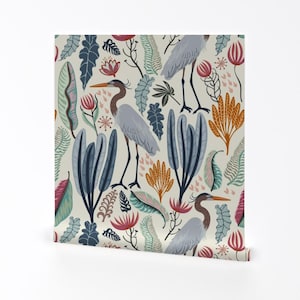 Coastal Flora Removable Peel and Stick Wallpaper - Nature Tropical Wild Flowers Crane - Wall Art Wall Decor - Heron And Plants by nina_leth