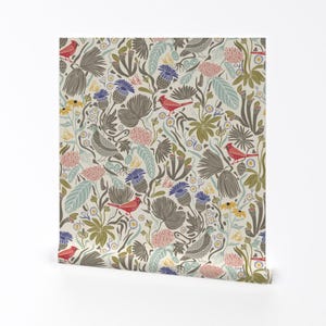 Botanical Wallpaper - Peck And Plume By Katie Hayes - Gray Beige Blue Floral Spring Removable Self Adhesive Wallpaper Roll by Spoonflower