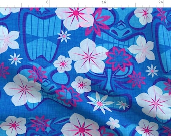 Blue Tiki Fabric - Vintage Tiki - Lagoon By Thecalvarium - Blue Summer Hawaiian Tiki Cotton Fabric By The Yard With Spoonflower
