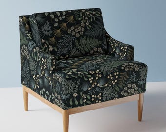 Tecido para estofamento com estampa botânica - Floresta de samambaias melancólicas da garabateo - Tecido aconchegante de outono/inverno com folhagem escura, estilo cabana, vendido por metro na Spoonflower.