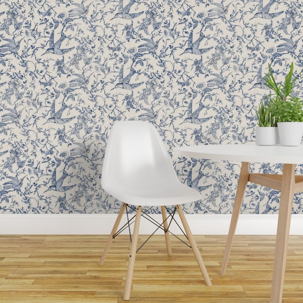 Blauw bloemenmotief Toile zelfklevend behang - Toile Chinoiserie Rococo - Verwijderbare wanddecoratie - Kolibrie Toile van bridgettstahlman