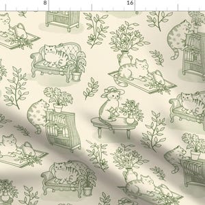 Toile Fabric - Chonky Cats by cafelab - Farmhouse Pet Cottagecore Plants Toile De Jouy Fabric by the Yard by Spoonflower