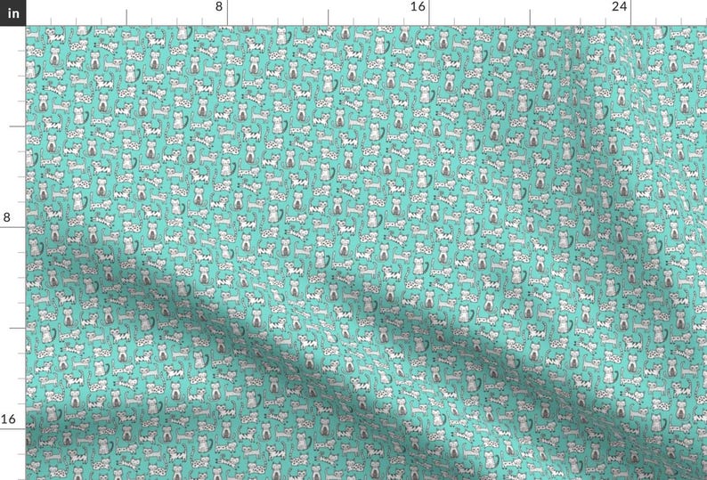 Cats Fabric - Cats On Mint Tiny Small By Caja Design - Cats Stripe Dots Mint Gray White Black Cotton Fabric By The Yard With Spoonflower image 1