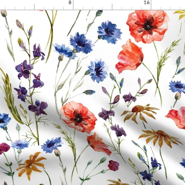 Poppy Fabric - 24 X 24 Wildflowers By Mattieanne - Poppy Wildflowers Watercolor Red Blue Mustard Cotton Fabric By The Yard With Spoonflower