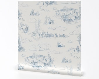 Pooh Nursery Wallpaper - Pooh Toile Blue by at_the_cottage - Storybook Pooh Bear Blue Removable Peel and Stick Wallpaper by Spoonflower