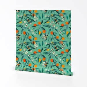 Summer Fruit Wallpaper - Orange Summer Green By Joyink - Summer Fruit Custom Printed Removable Self Adhesive Wallpaper Roll by Spoonflower
