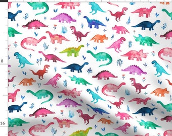 Dino Fabric - Little Multicolored Dinos On White By Micklyn- Watercolor Tiny Dinosaur Kid Nursery Cotton Fabric By The Yard With Spoonflower
