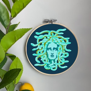 Greek Myth Embroidery Template on Cotton - Medusa By heatherinbrooklyn - Snakes Embroidery Pattern for 6&quot; Hoop Custom Printed by Spoonflower