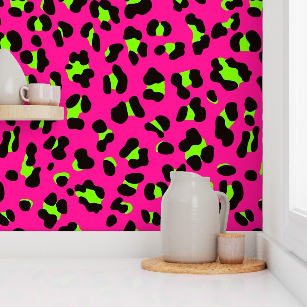 Neon Cheetah Print Wallpaper 80s Pink and Lime Green Leopard by  Moabrepublic Retro Removable Self Adhesive Wallpaper Roll by Spoonflower 