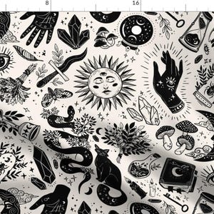 Witch Fabric - Witchy Things by serena_archetti - Magic Goth Witchcraft Crystals Black Cat Palm Moon Eye  Fabric by the Yard by Spoonflower